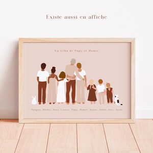 May include: A digital illustration of a family of nine, including parents, children, and a pet. The family is standing in a line, facing away from the viewer. The illustration is in a minimalist style, with simple shapes and colors. The text "La tribu de Papy et Mamie" is at the top of the illustration, and the names of the family members are listed below.