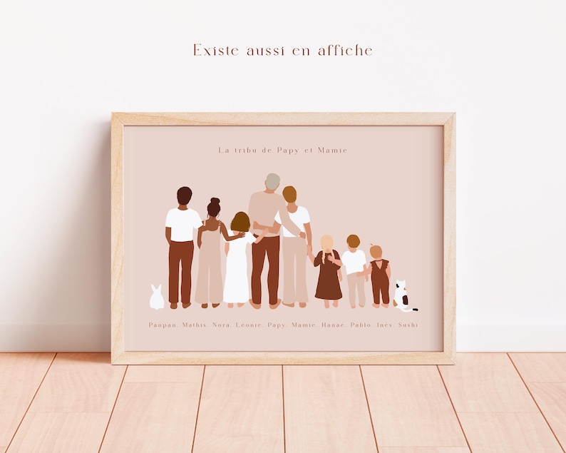 May include: A digital illustration of a family of nine, including parents, children, and a pet. The family is standing in a line, facing away from the viewer. The illustration is in a minimalist style, with simple shapes and colors. The text "La tribu de Papy et Mamie" is at the top of the illustration, and the names of the family members are listed below.
