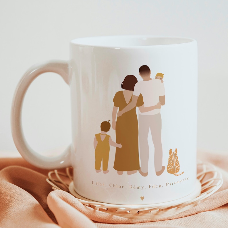 May include: White ceramic mug with a family portrait illustration. The illustration features a couple with two children and a pet. The text at the bottom reads "Lilas, Chloe, Remy, Eden, Pirouette".