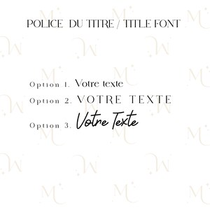 May include: A white background with the text "POLICE DU TITRE / TITLE FONT" in black. Below the text are three options for text styles: "Option 1. Votre texte", "Option 2. VOTRE TEXTE", and "Option 3. Votre Texte" in black.