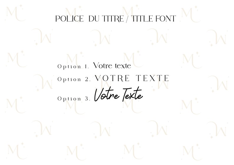 May include: A white background with the text "POLICE DU TITRE / TITLE FONT" in black. Below the text are three options for text styles: "Option 1. Votre texte", "Option 2. VOTRE TEXTE", and "Option 3. Votre Texte" in black.