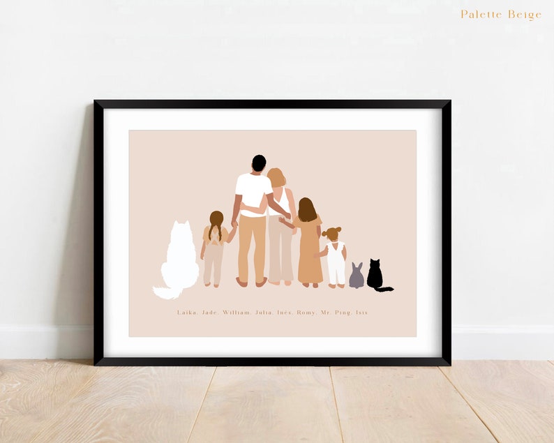 Portrait de Famille avec animaux de compagnie personnalisée Affiche Famille et enfants Portrait couple chats et chiens image 2