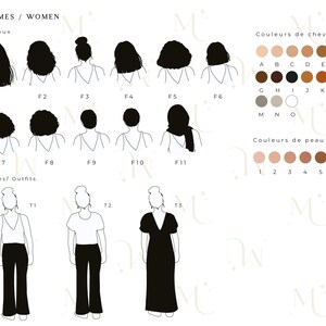 May include: A printable digital download of a customizable line art illustration of women with different hairstyles and outfits. The illustration includes a color palette for hair and skin tones.