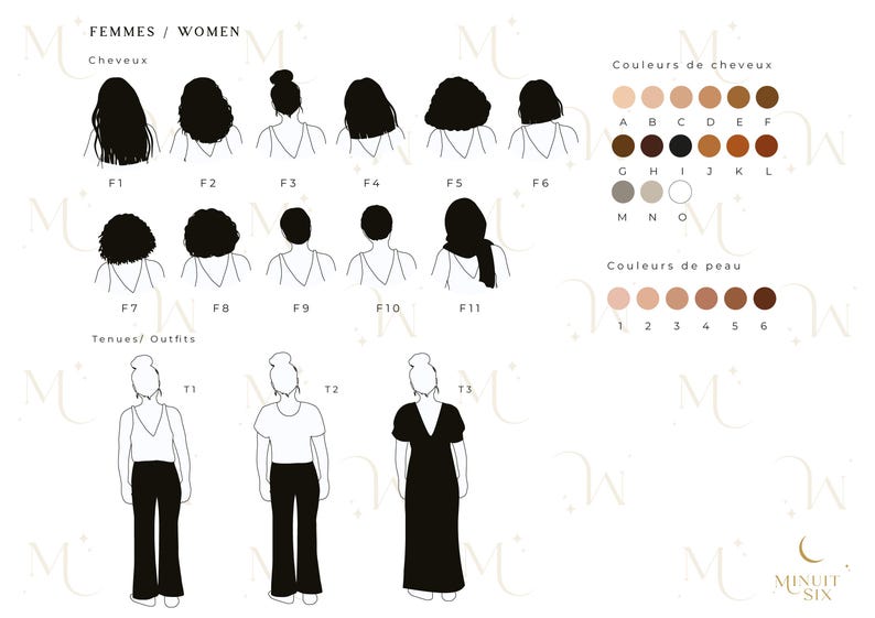 May include: A printable digital download of a customizable line art illustration of women with different hairstyles and outfits. The illustration includes a color palette for hair and skin tones.