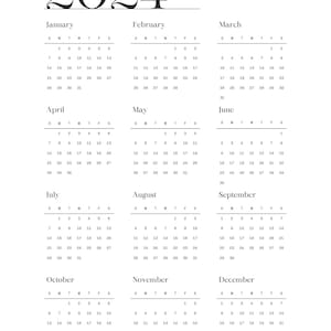 May include: A black and white calendar for the year 2024. Each month is displayed with the days of the week labeled S, M, T, W, T, F, S. The months are January, February, March, April, May, June, July, August, September, October, November, and December.