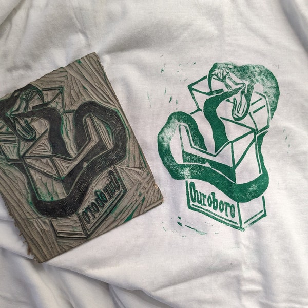 Ouroboro Handprinted Lino Block Print T-Shirt, Unisex T-Shirt, Cotton T-Shirt, Trendy casual t-shirt