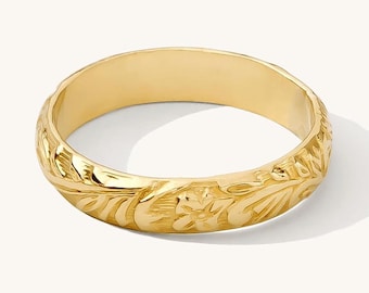 Gold Floral Wedding Band: Dainty 925 Sterling Silver Ring