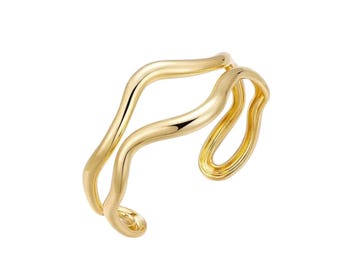 Gold Wavy Cuff Bracelet: Adjustable Double Layer Bangle