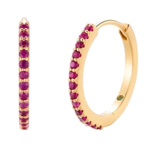 May include: Gold hoop earrings with a row of pink gemstones around the edge.