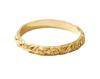 Gold Floral Wedding Band Ring: Vintage Designer Bridal Jewelry