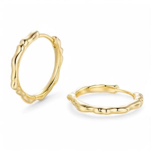 Gold Hoop Earring, Wavy Hoops, Organic Shaped Hoop Earring, Medium Hoop Huggie, Huggie Hoop Jewelry, Hammered Gold Small Hinged Hoop Earring