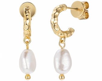 Dainty Freshwater Pearl Earrings: Gold Huggie Hoops, Sterling Silver