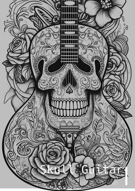 Skull Guitar Colouring Pages, 4 - JPG Digital Files