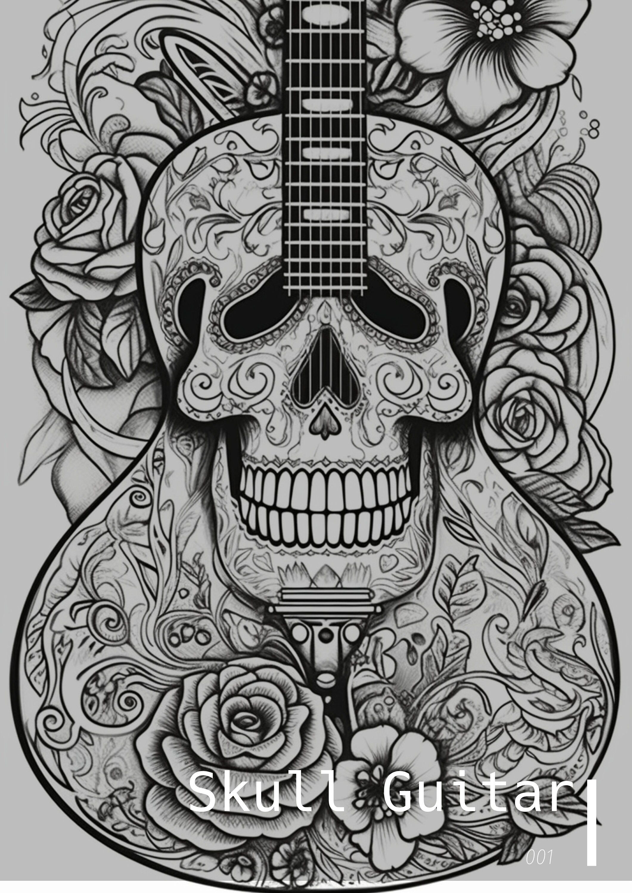 Skull Guitar Colouring Pages, 4 - JPG Digital Files