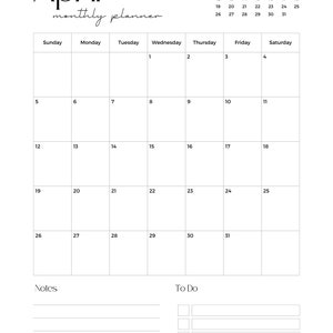 Könnte beinhalten: Ein schwarz-weißer druckbarer April-Monatskalender mit einem Kalenderrraster, einem Notizbereich und einer To-Do-Liste.