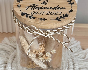 Personalisiertes Glas für Hochzeit | Geschenk | Geldgeschenk | Trockenblumen | Namen | Wedding | Glas mit Deckel | Holz