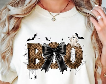 Comfort Colors® Checkered Boo Shirt, Halloween Shirt, Halloween Ghost Shirt, Boo Coquette Shirt, Spooky Season Shirt, Halloween Gift