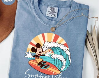Comfort Colors® Mickey Mouse Surfing Shirt, Disney Summer Vibes Shirt, Mickey Summer Shirt, Disney Summer Vacation Shirt, Disney Holiday Tee