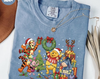 Comfort Colors® Winnie The Pooh Christmas Shirt, Disney Christmas Party Shirt, Tigger and Piglet Christmas Shirt, Merry Christmas Shirt