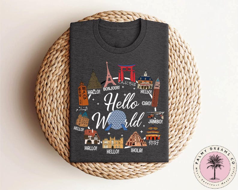 a black t - shirt with the words hello world on it