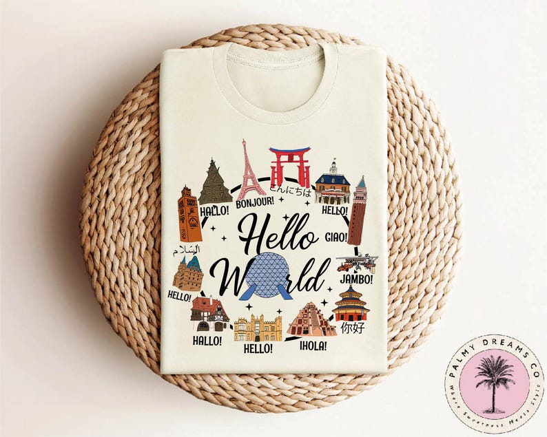a white t - shirt with the words hello world printed on it