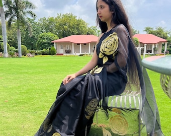 Svart organza sari: Designerfestkläder, indisk bröllopssari