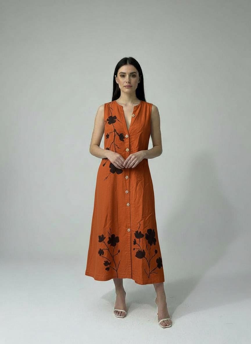 orange cotton midi dress Reiss Rowe Cotton Halterneck Belted Midi Dress