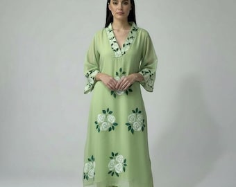 Hand Painted Organza Kurta Set | Floral Salwar Kameez Custom Size | Indian Wedding Suit | Designer Kurti Pant Set | Partywear Ethnic Dress