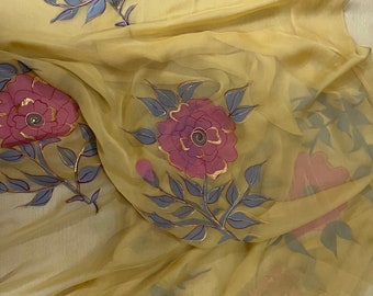 Golden Chiffon Dupatta: Hand-Painted Floral Scarf, Wedding Navratri Dress