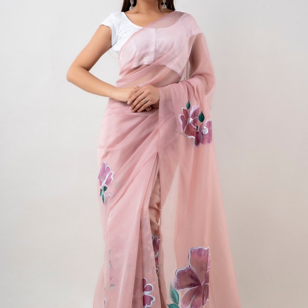 Hand Painted Pink Organza Saree , Indian Saree for girls & Women, Floral Organza saree, Customised Handmade Saree