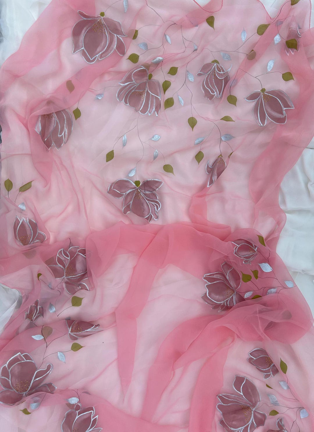 Rosewater Bloom (Handpainted pure viscose chiffon saree with scalloped border)