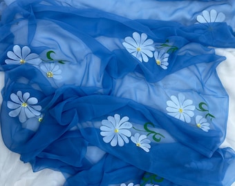 Hand Painted Blue Chiffon Saree Floral Wedding Guest Party Wear Indian Sari Custom Blouse