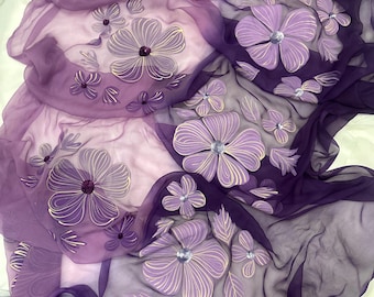 Purple Hand-Painted Chiffon Saree | Wedding Guest Saree, sequin Sari , Gift for Her
