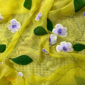 SALE Hand Painted Chiffon Saree for Wedding yellow Chiffon Saree bridesmaid saree Chiffon Sari Partywear Saree Designer gift for women