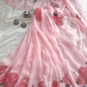 Hand-Painted Pink Chiffon Saree: Floral Indian Sari with Blouse