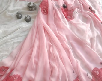 Hand-Painted Pink Chiffon Saree: Floral Indian Sari with Blouse