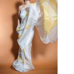 Hand Painted White Organza Saree , Indian Saree for girls & women, Floral Organza saree,Customised Handmade Saree,Saree with Stitched blouse