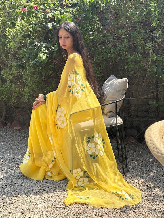 Hand Painted Mustard Yellow Chiffon Saree, Sequin Sari, Haldi Bridal Outfit, Bollywood Indian Saree