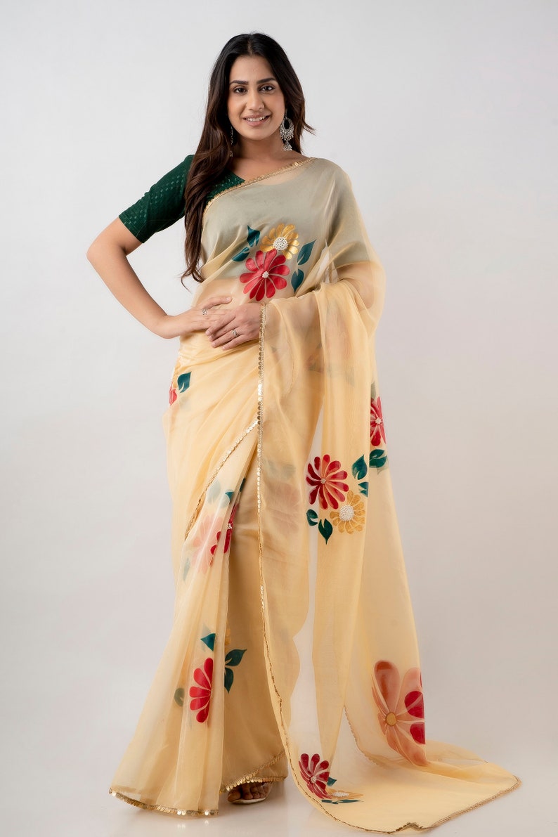 Hand Painted Golden Organza Saree , Indian Saree for girls & women, Floral Organza saree, Customised Handmade Saree, Sabysachi saree image 3