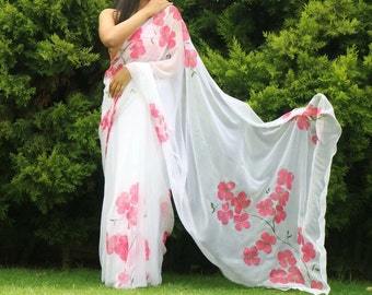 Hand-Painted Floral Chiffon Saree: With custom blouse