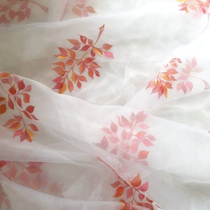 Hand-Painted Organza Dupatta: Red Leaves & Gold Accents