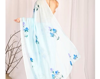 Traditional hand painted Blue Chiffon saree