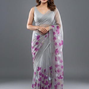 Hand Painted Chiffon Saree in Charcoal Grey, Wedding Guest Sari, Luxury Indian Evening Wear for Her