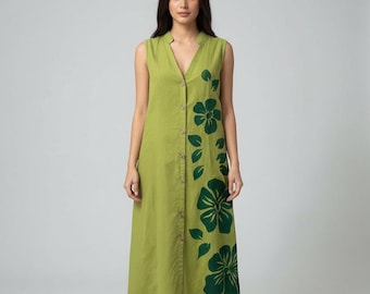 Sap green Hand-Painted Cotton Midi Dress with Pockets – Vintage-Inspired Custom Dress for women