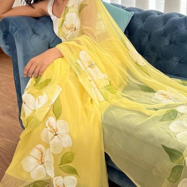 Hand Painted Pure Chiffon Saree ,Yellow Chiffon Saree ,yellow saree,Floral Chiffon Sari ,Partywear Saree  ,Designer saree, Saree for wedding