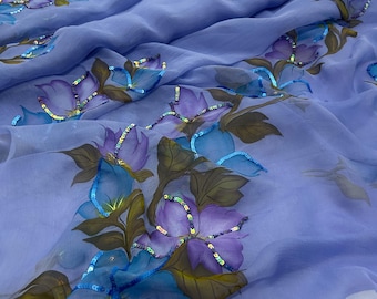 Hand-Painted Chiffon Saree: Blue Lavender Floral, Sequins, Custom Blouse