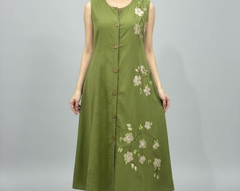 Green Hand-Painted Cotton Midi Dress with Pockets – Vintage-Inspired Custom Dress for women