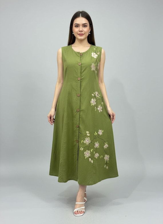 Green Hand-Painted Cotton Midi Dress with Pockets - Vintage-Inspired Custom Dress for Women
