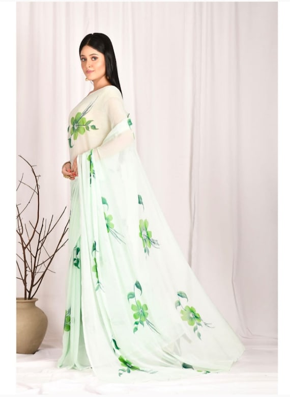 Traditional Hand Painted Green Chiffon Saree
