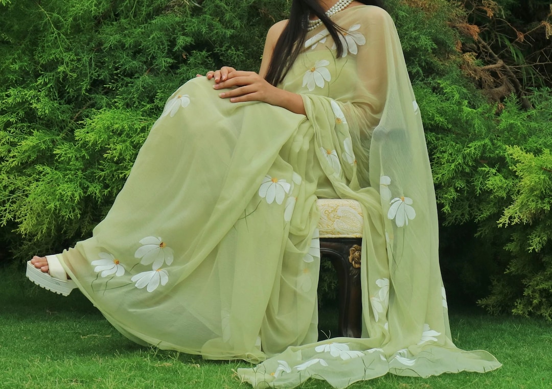 Hand Painted Cotton Saree - Cerise Rose + Corn Yelow